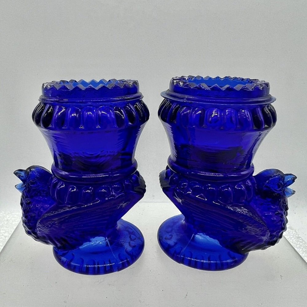 Cobalt Blue Bird Saw Tooth Toothpick Taper Salt Pepper Holder Figurine